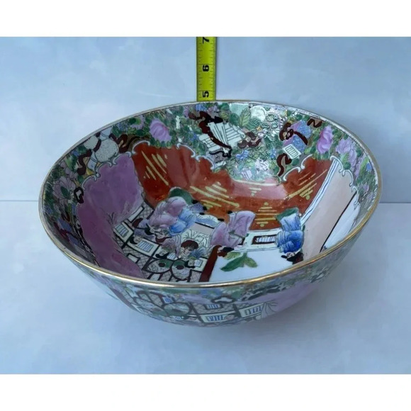 Antique Chinese Family Rose Medallion Hand Painted Decorated Bowl Gold Trim - Picture 7 of 16